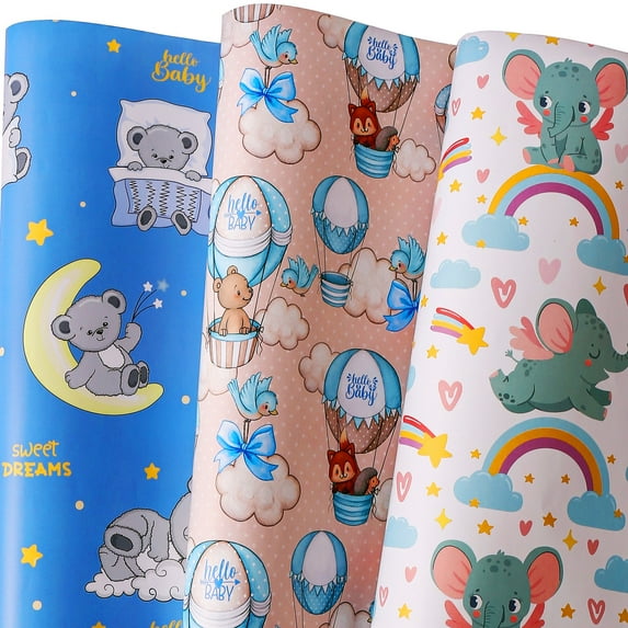 Baby Shower Wrapping Paper for Boys Girls Kids - Cute Baby Bears Elephants Hedgehogs Gift Wrap for Birthday Holiday - 6 Large Sheets, 27x39.4 inch