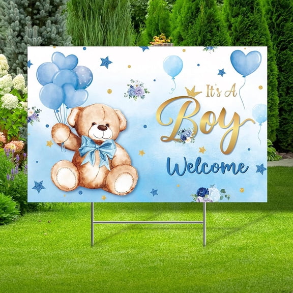 Baby Shower Yard Sign with Stake Gender Reveal Yard Sign Blue Pink Elephant Lawn Decoration Boy Girl Bear Lawn Decor Welcome Baby Announcement Decor for Outdoor Gender Reveal Party(Blue Bear)