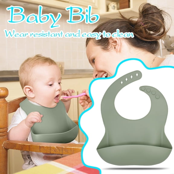 Baby Silicone Feeding Bib, Gray-Green, Roll-Up Food Catcher Pocket for Mealtime, Spring Parenting Essential, Includes 1 Bib, Easy Clean For Xinyat