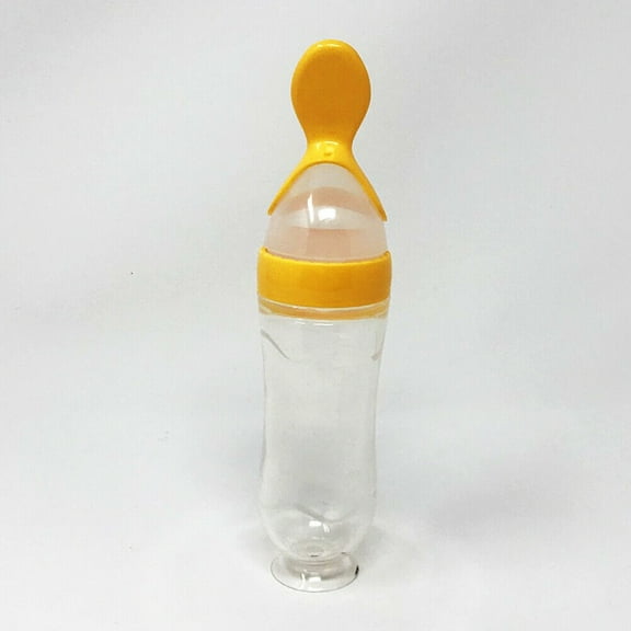 Baby Silicone Squeeze Feeding Bottle w/Spoon Food Self-stand Feeder 3oz/90ML