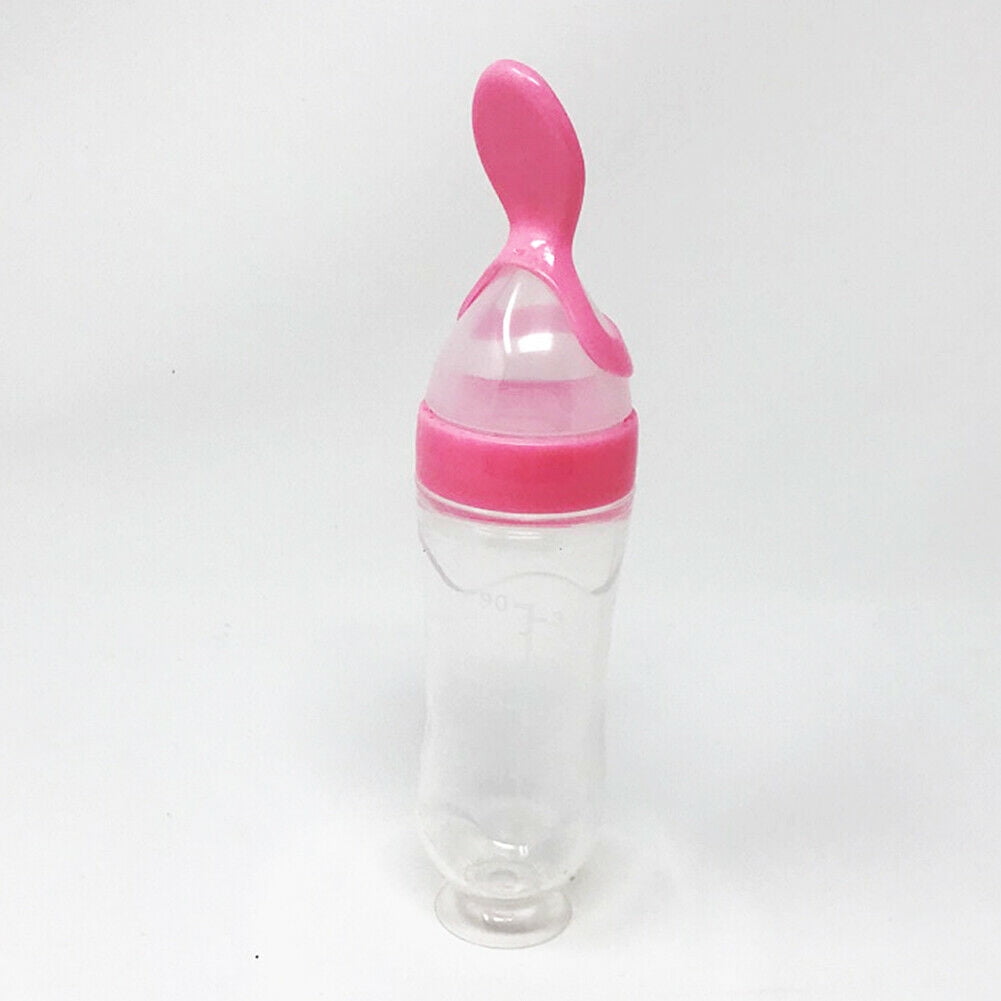 Baby Silicone Squeeze Feeding Bottle with Spoon – Pink & Blue Baby Shop
