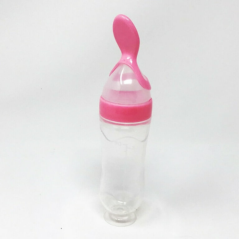 Baby Silicone Squeeze Feeding Bottle w/Spoon Food Self-stand