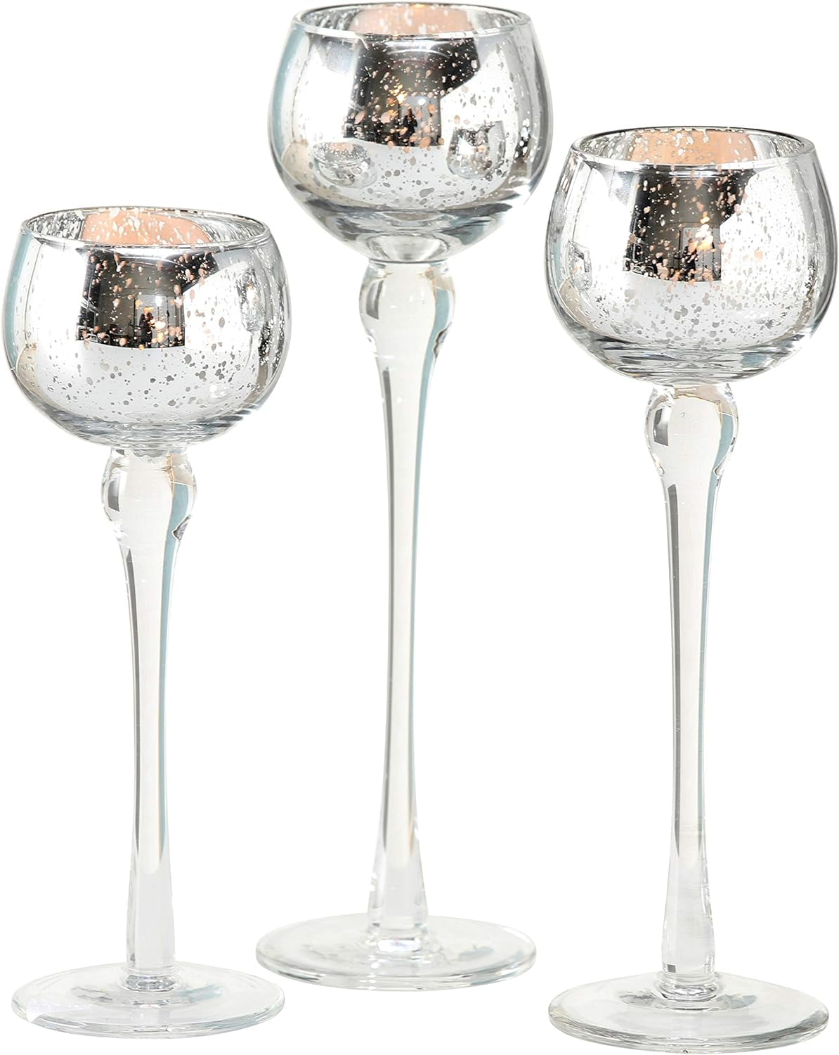 Baby Silver Long Stem Candle Holders, Set of 3, Speckled, Silver Lined