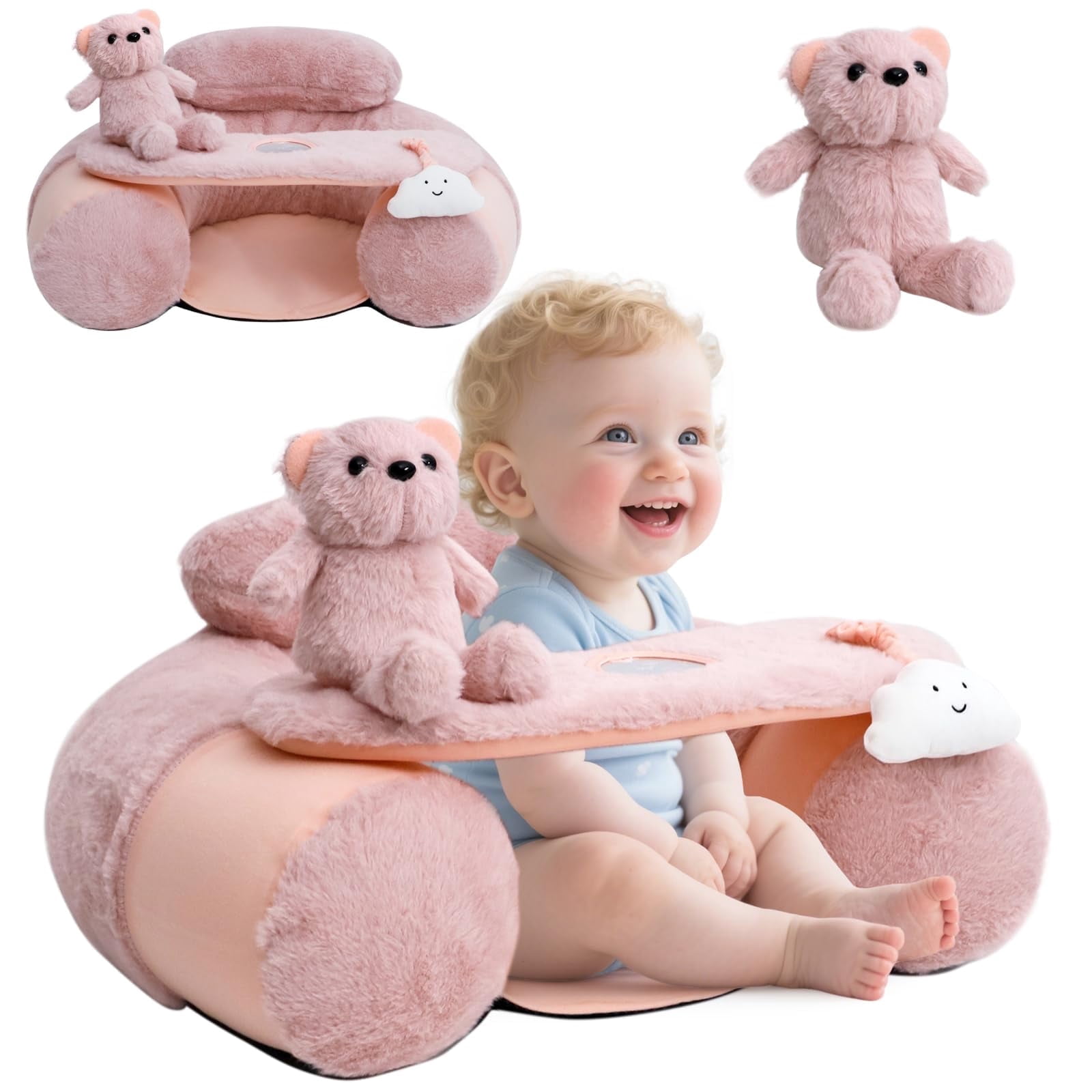 Inflatable Baby Floor Seat with Removable Cover - Portable Sit & Play Activity Chair for Infants 3-36 Months, Pink