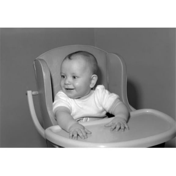 Baby Sitting in High Chair Smiling Poster Print - 18 x 24 in.