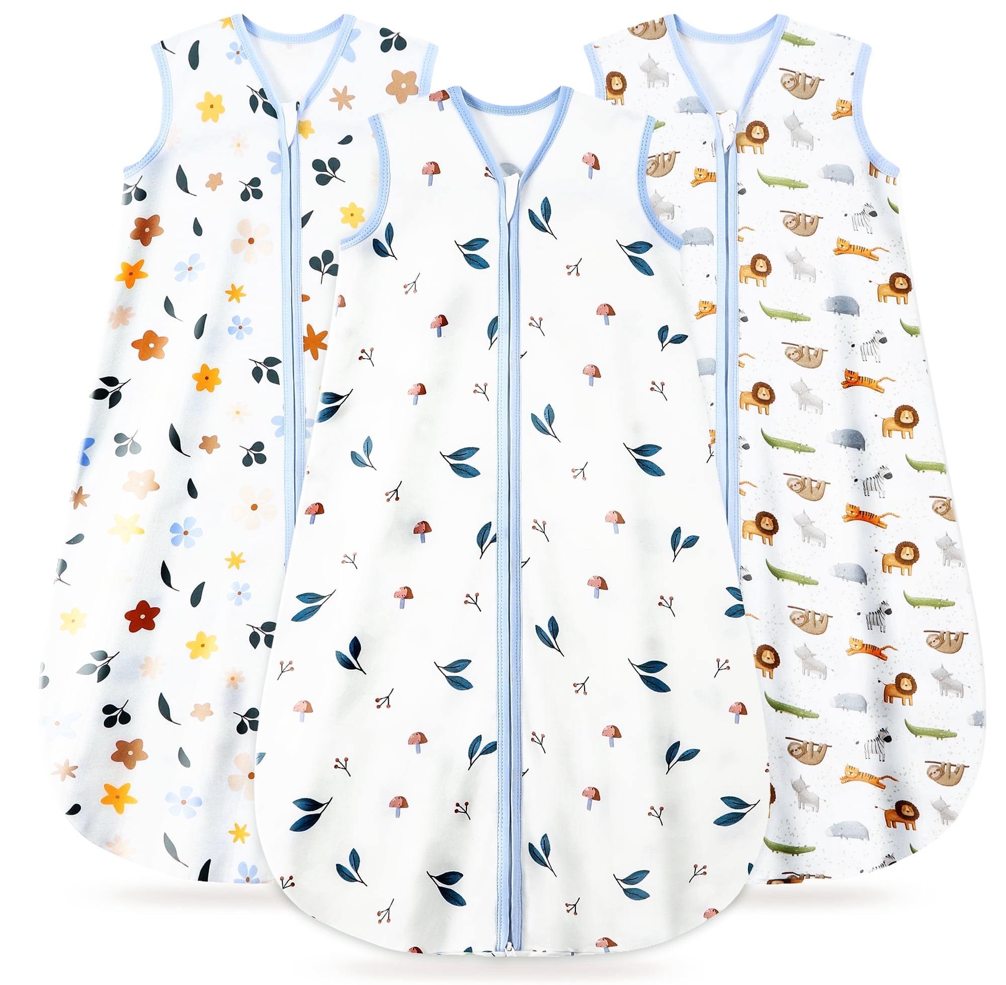 Baby Sleep Sack 0-6 Months, 100% Organic Cotton Wearable Blanket for Babies, 2-Way Zipper TOG 0.5 Lightweight Breathable Baby Sleeping Bag, 4 Sizes-S Animal&Plant&White