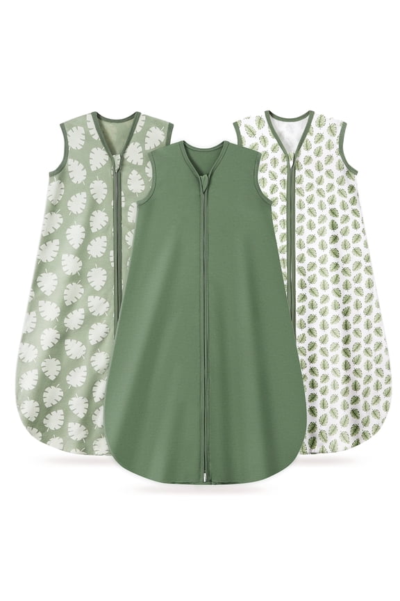 Baby Sleep Sack 0-6 Months, 100% Organic Cotton Wearable Blanket for Babies, 2-Way Zipper TOG 0.5 Lightweight Breathable Baby Sleeping Bag, 4 Sizes-S Leaf&Green