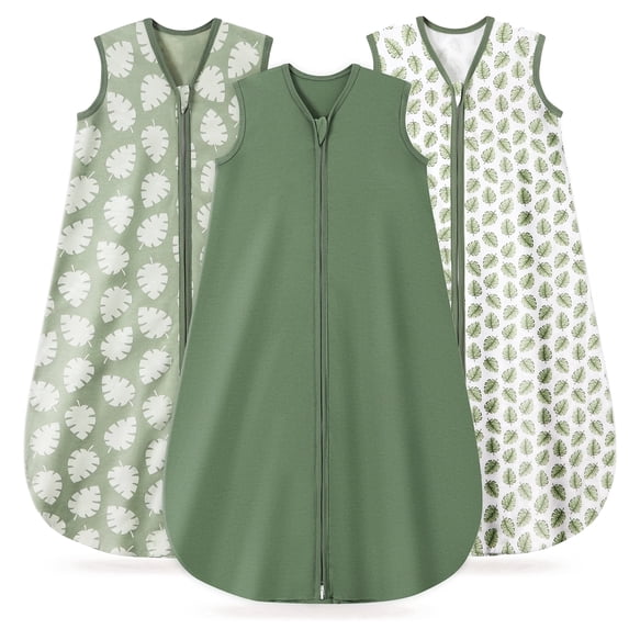 Baby Sleep Sack 0-6 Months, 100% Organic Cotton Wearable Blanket for Babies, 2-Way Zipper TOG 0.5 Lightweight Breathable Baby Sleeping Bag, 4 Sizes-S Leaf&Green
