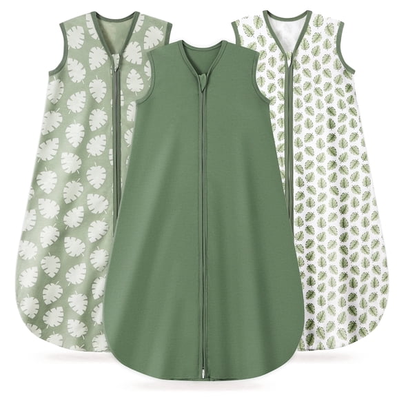 Baby Sleep Sack 0-6 Months, 100% Organic Cotton Wearable Blanket for Babies, 2-Way Zipper TOG 0.5 Lightweight Breathable Baby Sleeping Bag, 4 Sizes-S Leaf&Green