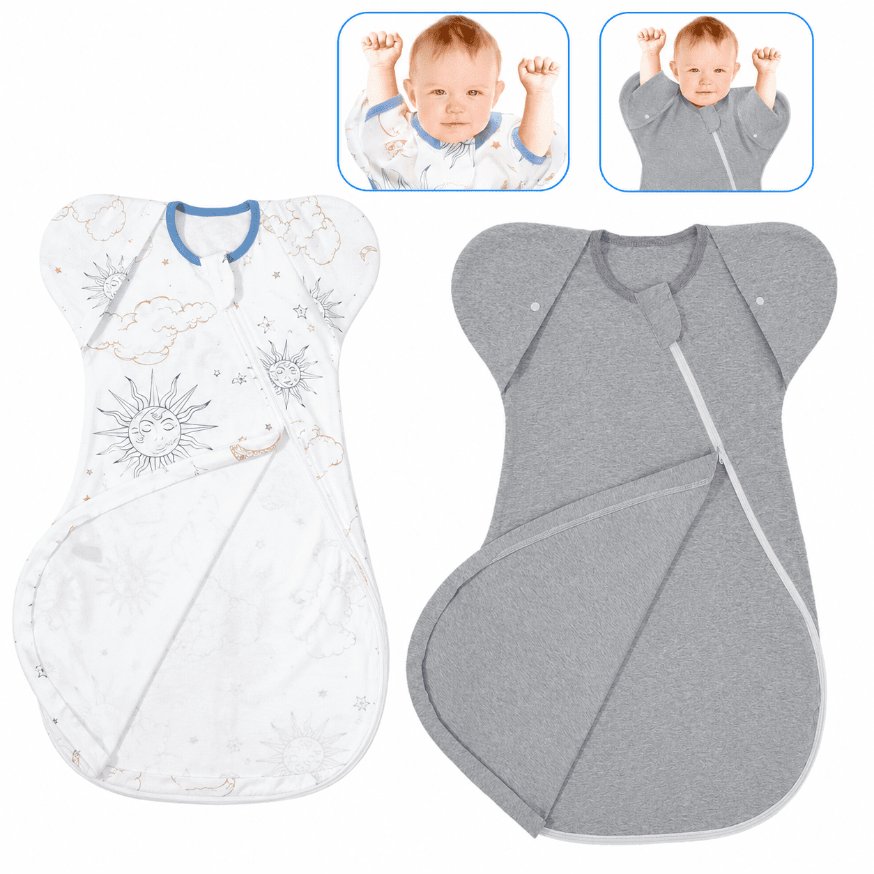 Baby Sleep Sack 3-6Months,Transition Swaddle, Arms up Swaddle 2-Way Zipper 100% Cotton Arms in/out, Infant Sleep Sack Wearable Blanket for Boy Girl, 2-Pack Transitional Swaddle Sack