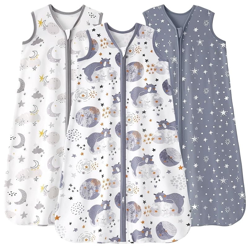 FIEMOL Baby Sleep Sack 0-6 Months | 3-Pack 100% Cotton Wearable Blanket, 0.5 Tog Lightweight | Double Zipper, Grey Moon Bear Design