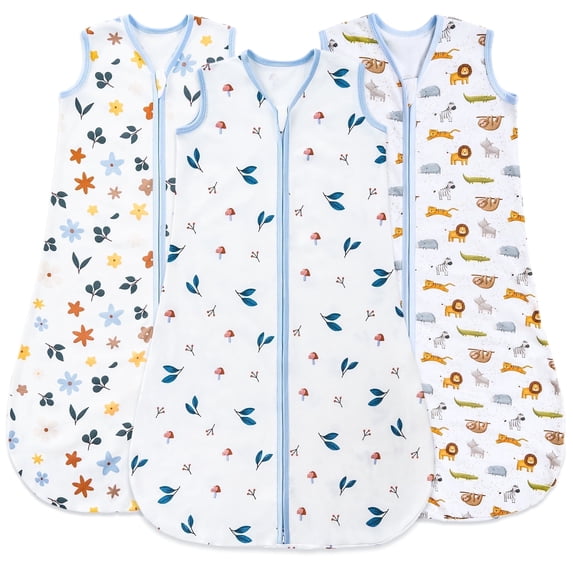 Baby Sleep Sack 6-12 Months, 100% Organic Cotton Wearable Blanket for Babies, 2-Way Zipper TOG 0.5 Lightweight Breathable Baby Sleeping Bag, 4 Sizes-M Animal&Plant&White