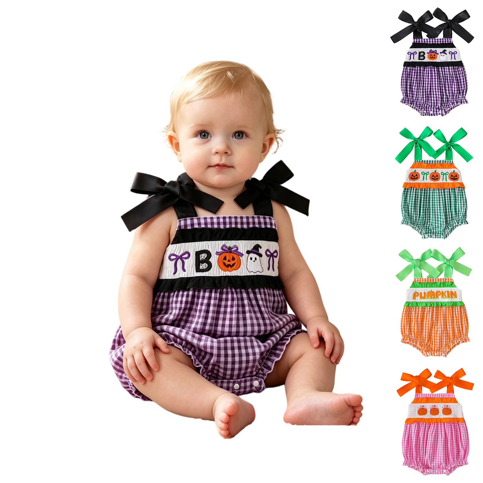 Baby Sleeveless Cute Embroidered Bodysuit with Bow Halloween Party Clothes Halloween Girls Outfit Size 3-18 Months