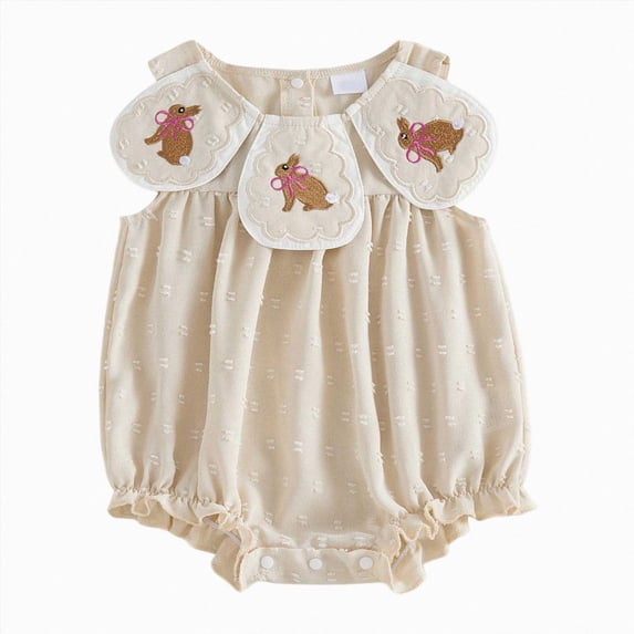 Baby Sleeveless Ruffled Romper with Bunny Embroidered Collar,Cute Summer Outfit