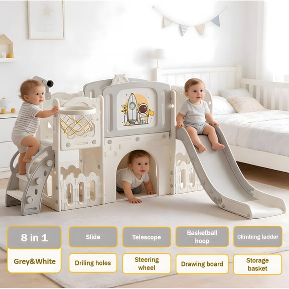 Baby Slide with Climbing Ladder, Telescope, Steering Wheel and Large Toy Basket,for Ages 1-3,Unisex,GREY&WHITE