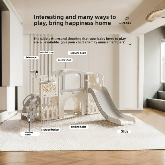 Baby Slide with Tunnel, Basketball Hoop, Drawing Board, and Storage Basket(gray-white)