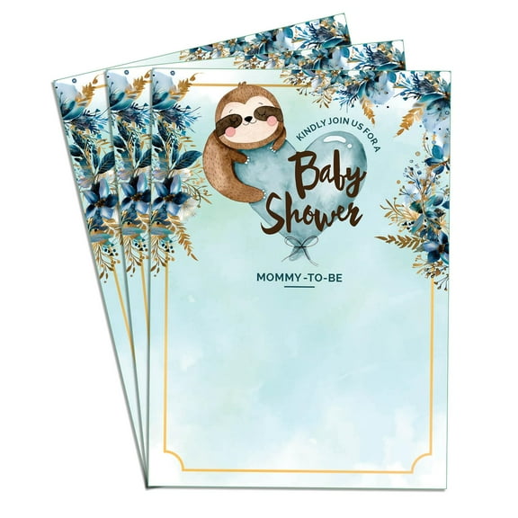 Baby Sloth Blue Floral Cute Baby Shower Invitation Card Set of 100 Adorable Design High-Quality Paper Perfect for Baby Boy or Girl Celebration 5x7 in