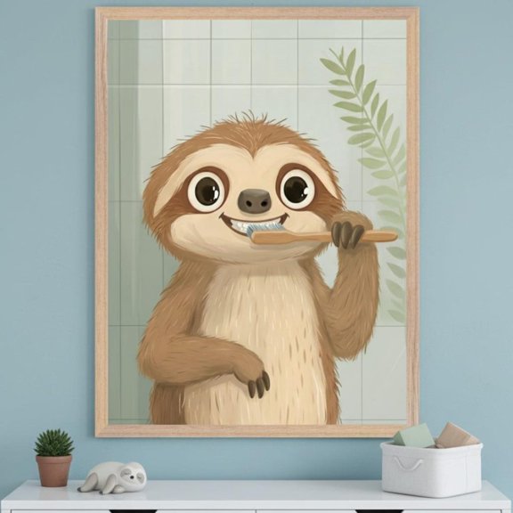 Baby Sloth Brushing Teeth Nursery Restroom Routine Poster Art, Unframed Poster