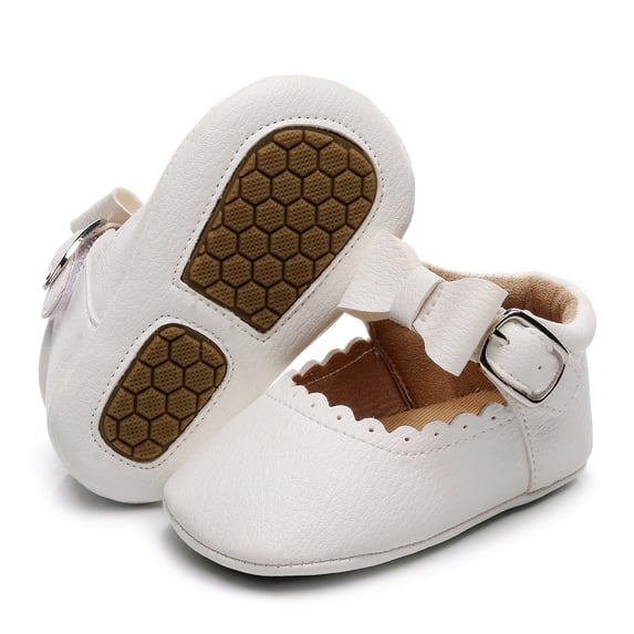 Baby Sneakers Girls Bowknot First Shoes Buckle Strap Toddler Soft Bottom Breathable, 0-6 Months, White