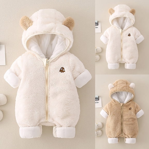 Baby Snowsuit Bears Ears Outfits Romper Flannel Zipper Jumpsuit Playsuits Outfits Baby Onesies Girl White 7 M-12 M