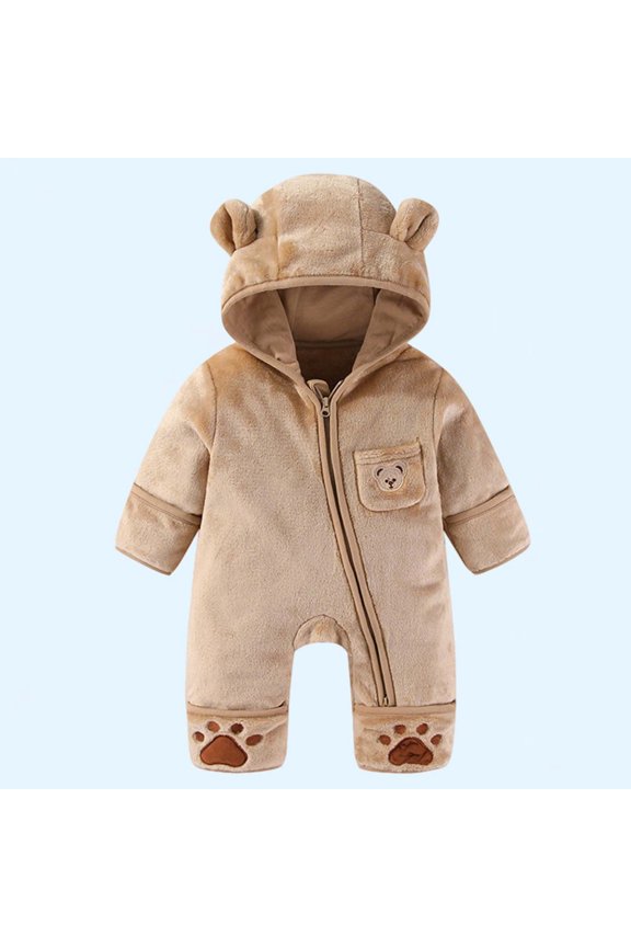 Baby Snowsuit Fleece Romper, Thicken Bear Hooded Jumpsuit For Toddler Girls Boys Infant Outfit Coffee 3-4 Years