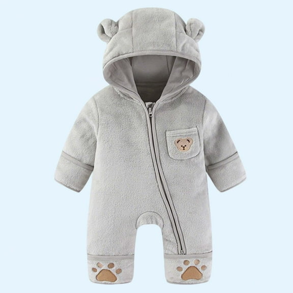 Baby Snowsuit Fleece Romper, Thicken Bear Hooded Jumpsuit For Toddler Girls Boys Infant Outfit Gray 0-3 Months