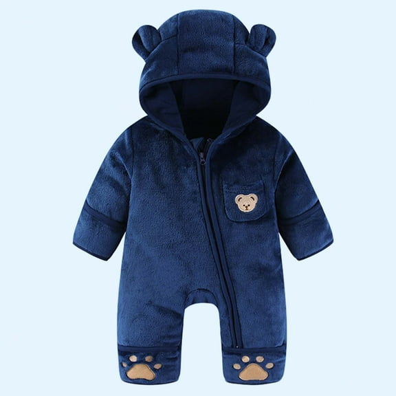 Baby Snowsuit Fleece Romper, Thicken Bear Hooded Jumpsuit For Toddler Girls Boys Infant Outfit Navy 3-4 Years