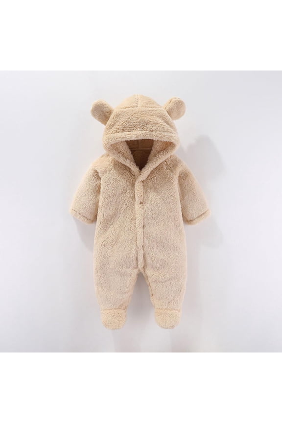 Baby Snowsuit, Newborn Baby Hooded Footed Romper Fleece Snowsuit Cartoon Flannel Jumpsuit Thin Fall Winter Outfits Beige 3-6 Months