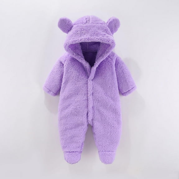 Baby Snowsuit, Newborn Baby Hooded Footed Romper Fleece Snowsuit Cartoon Flannel Jumpsuit Thin Fall Winter Outfits Purple 9-12 Months