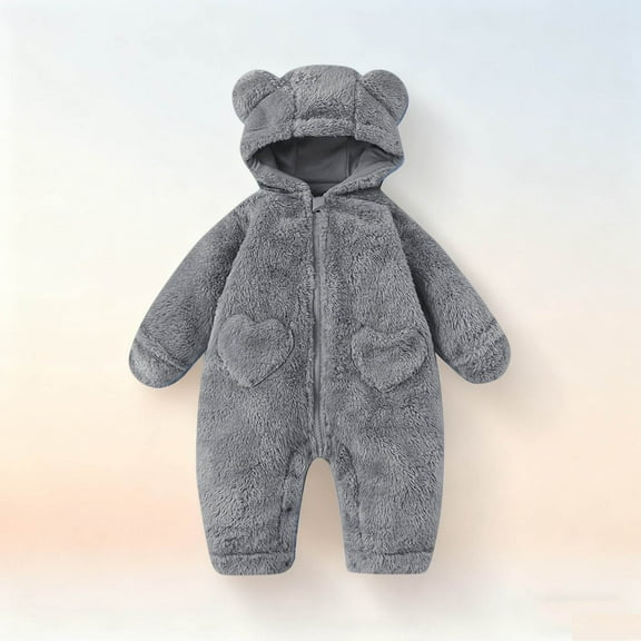 Baby Snowsuit Newborn Winter Hooded Romper Fleece Snowsuit Baby Jumpsuit Cartoon Bear Winter Coat for Girls and Boys Gray 3-6 Months