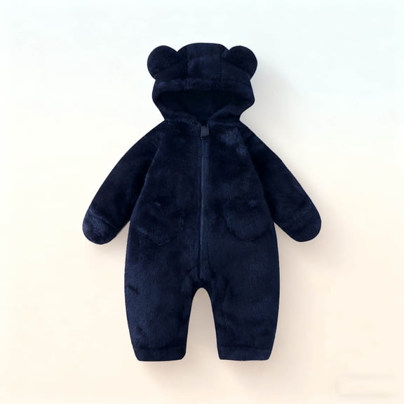 Baby Snowsuit Newborn Winter Hooded Romper Fleece Snowsuit Baby Jumpsuit Cartoon Bear Winter Coat for Girls and Boys Navy 0-3 Months