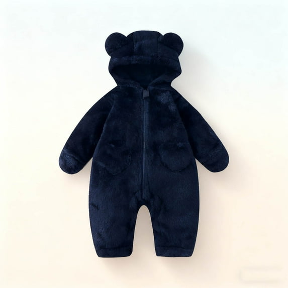 Baby Snowsuit Newborn Winter Hooded Romper Fleece Snowsuit Baby Jumpsuit Cartoon Bear Winter Coat for Girls and Boys Navy 3-6 Months