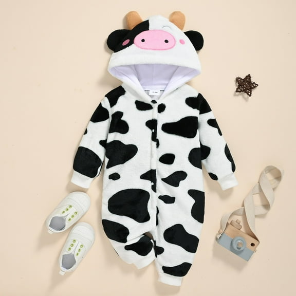 Baby Snowsuit Newborn Winter Hooded Romper Fleece Snowsuit Baby Jumpsuit Cartoon Cow Winter Coat for Girls and Boys White 0-3 Months