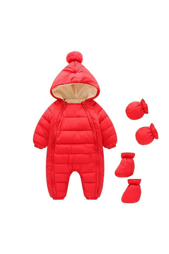 Baby Snowsuit Ski Suit Down Jacket Zipper Hooded Long Sleeve Jumpsuit with Gloves Quilted Infant Winter Outerwear, Red, 5-10 Months