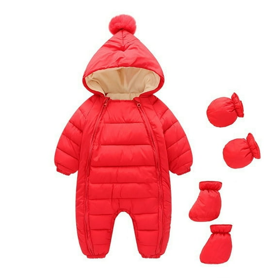 Baby Snowsuit Ski Suit Down Jacket Zipper Hooded Long Sleeve Jumpsuit with Gloves Quilted Infant Winter Outerwear, Red, 5-10 Months