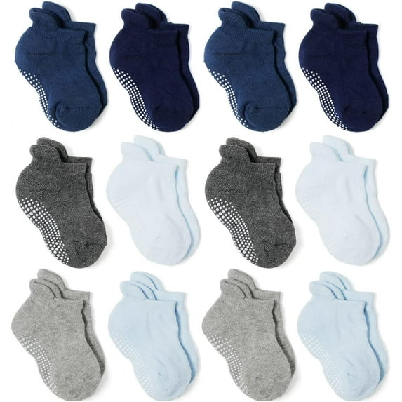 Baby Socks Toddler Non-slip Socks Thick Cotton Ankle Socks with Grips Kids Boys Girls 6/12 Pack
