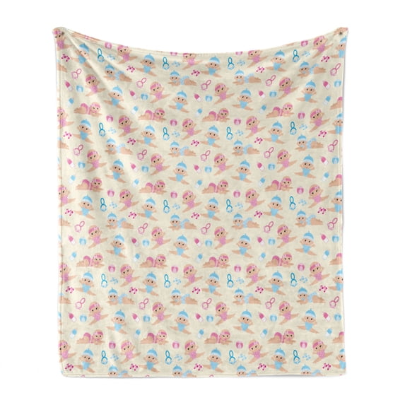 Baby Soft Flannel Fleece Blanket, Baby Boy Girl Crawling Lying down Rattle Ball Milk Bottle Pattern Brother Sister, Cozy Plush for Indoor and Outdoor Use, 60" x 80", Ivory Blue Pink, by Ambesonne