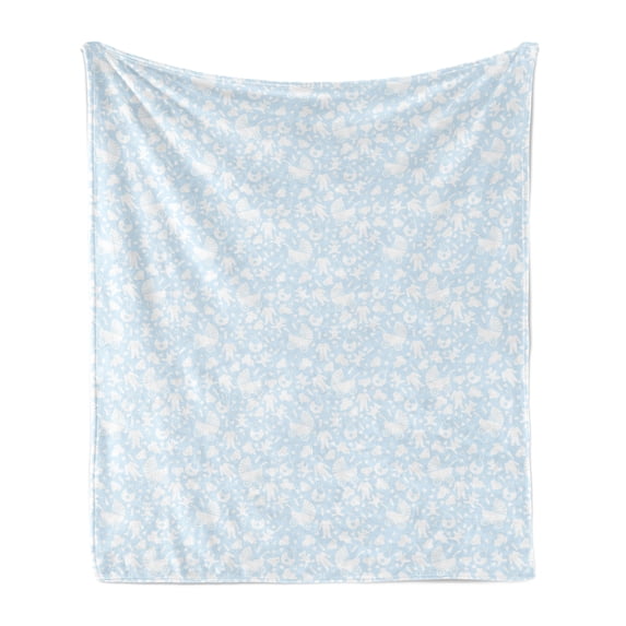 Baby Soft Flannel Fleece Blanket, Hearts Background with Teddy Bears Strollers Infant Clothes Newborn Child Theme, Cozy Plush for Indoor and Outdoor Use, 50" x 70", Pale Blue White, by Ambesonne