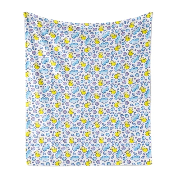 Baby Soft Flannel Fleece Blanket, Washing Time Themed Image with Soap Bubbles Water Droplets Rubber Ducks Pattern, Cozy Plush for Indoor and Outdoor Use, 50" x 70", Blue Lilac Yellow, by Ambesonne