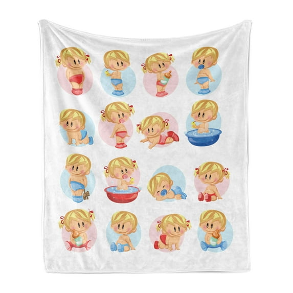 Baby Soft Flannel Fleece Throw Blanket, Boys and Girls in Various Situations Bathing Sleeping Crawling Drinking Milk, Cozy Plush for Indoor and Outdoor Use, 60" x 80", Multicolor, by Ambesonne