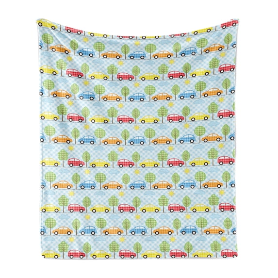 Baby Soft Flannel Fleece Throw Blanket, Checkered Background with Cars Trees Sun Open Sky Abstract Geometric Cartoon Design, Cozy Plush for Indoor and Outdoor Use, 60" x 80", Multicolor, by Ambesonne