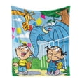 thumbnail image 1 of Baby Soft Flannel Fleece Throw Blanket, Children with Mischievous Giraffe Pranks Juice Zoo Theme Brother and Sister, Cozy Plush for Indoor and Outdoor Use, 70" x 90", Multicolor, by Ambesonne, 1 of 5