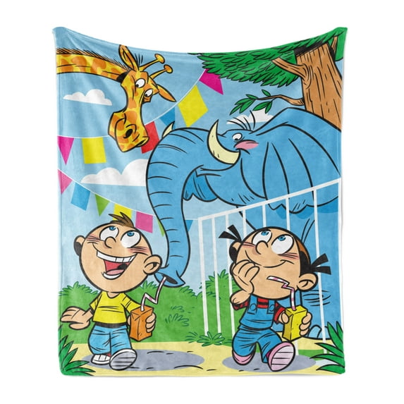 Baby Soft Flannel Fleece Throw Blanket, Children with Mischievous Giraffe Pranks Juice Zoo Theme Brother and Sister, Cozy Plush for Indoor and Outdoor Use, 70" x 90", Multicolor, by Ambesonne