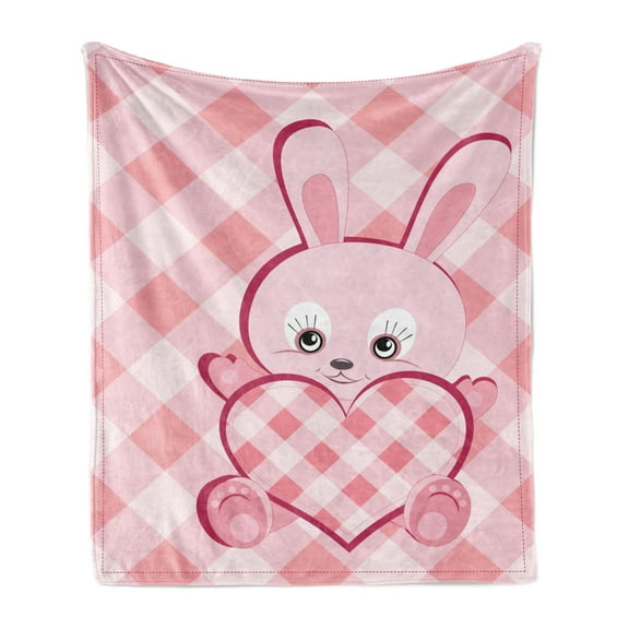 Baby Soft Flannel Fleece Throw Blanket, Diagonal Stripes Diamond Pattern with Bunny Giant Heart Plaid, Cozy Plush for Indoor and Outdoor Use, 60" x 80", Pale Pink Rose Magenta, by Ambesonne