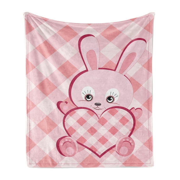 Baby Soft Flannel Fleece Throw Blanket, Diagonal Stripes Diamond Pattern with Bunny Giant Heart Plaid, Cozy Plush for Indoor and Outdoor Use, 70" x 90", Pale Pink Rose Magenta, by Ambesonne