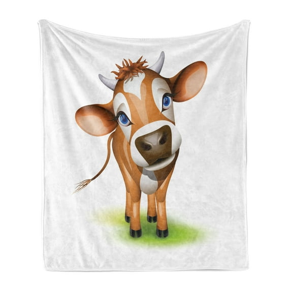 Baby Soft Flannel Fleece Throw Blanket, Digitally Composed Cow with Captivating Eyes Livestock Theme, Cozy Plush for Indoor and Outdoor Use, 50" x 60", Royal Blue Cinnamon, by Ambesonne
