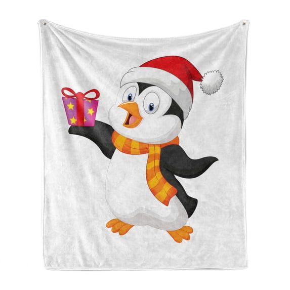 Baby Soft Flannel Fleece Throw Blanket, Friendly Penguin Character with Christmas Attire Holding an Ornate Box North Pole, Cozy Plush for Indoor and Outdoor Use, 50" x 70", Multicolor, by Ambesonne