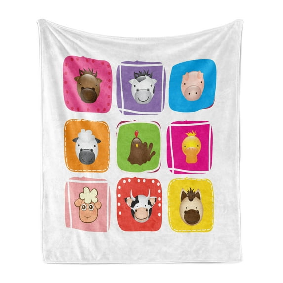 Baby Soft Flannel Fleece Throw Blanket, Geometric Pattern with Squares Animal Faces Horse Chicken Cow Duck Sheep and Pig, Cozy Plush for Indoor and Outdoor Use, 50" x 60", Grey Emerald, by Ambesonne