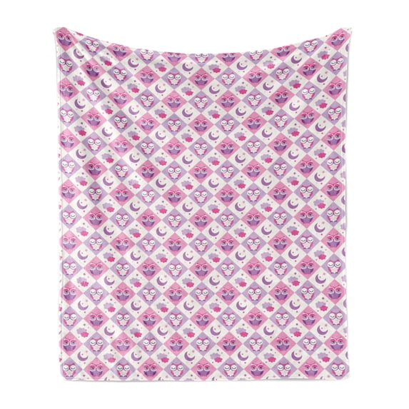 Baby Soft Flannel Fleece Throw Blanket, Rectangle Diamond Pattern with Funny Owls Sleeping Moons Stars and Clouds Abstract, Cozy Plush for Indoor and Outdoor Use, 60" x 80", Purple Pink, by Ambesonne