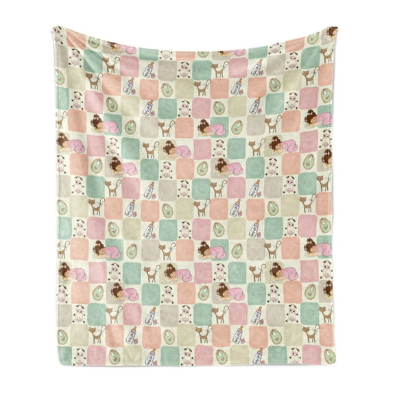 Baby Soft Flannel Fleece Throw Blanket, Square Checkered Pattern Cat Cow Sleeping Girl Ornamental Milk Bottle Drawing, Cozy Plush for Indoor and Outdoor Use, 50" x 70", Multicolor, by Ambesonne